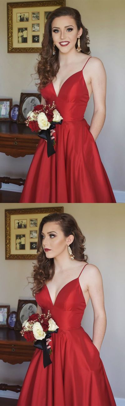 Sexy Spaghetti Straps V Neck Satin Long Prom Dress,Burgundy Evening Party Dresses with Pockets