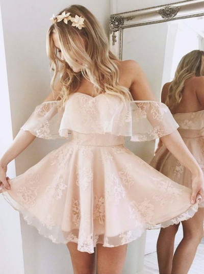 A-Line Off-the-Shoulder Short Pearl Pink Homecoming Dress,Floral Lace Cocktail Party Dress,Short Prom Dresses