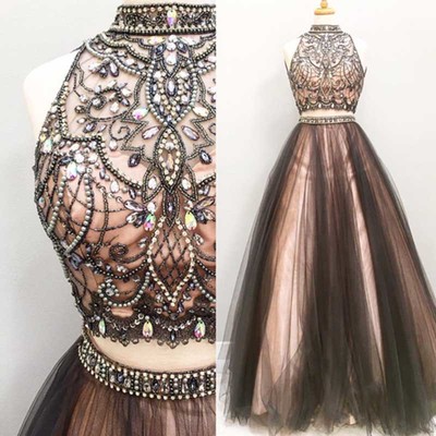 Two pieces A line prom dresses, Beaded prom dress, Tulle prom dress, dresses for prom, Long prom dress