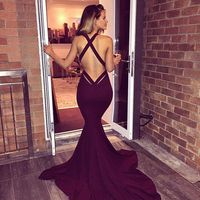 Sexy Deep V Neck Burgundy Wine Red Long Prom Dress Criss-cross Back Mermaid Trumpet Evening Dresses Party Dress  - Thumbnail 1