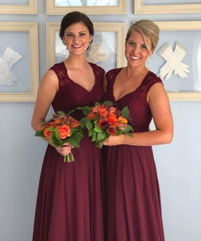 Floor Length V Neck Burgundy Bridesmaid Dress with Lace