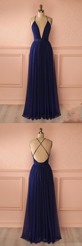 Sexy Deep V Neck Long Prom Dress,Navy Blue Evening Party Dress,Criss Cross Back Dress