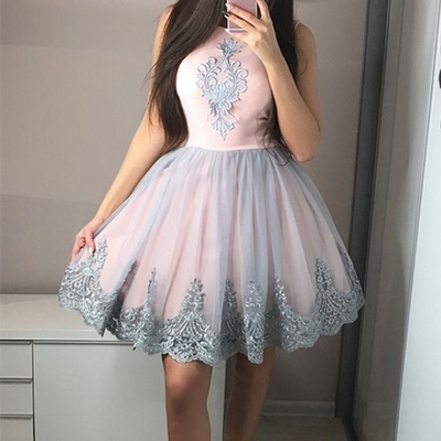 A-line round neck pink and grey homecoming dress with applique,short prom dress,semi formal dress - Thumbnail 5