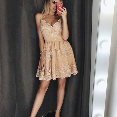Cute a-line spaghetti straps champagne lace homecoming dress,short formal prom dresses - Thumbnail 3