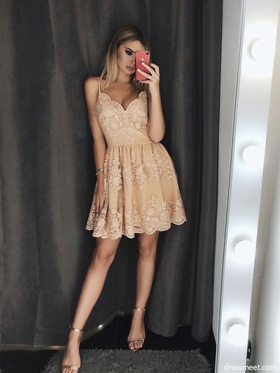 Cute A-Line Spaghetti Straps Champagne Lace Homecoming Dress,Short Formal Prom Dresses