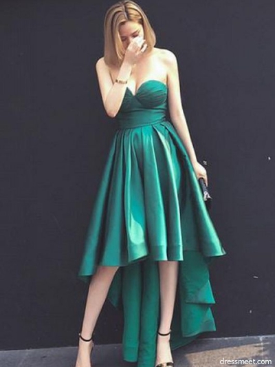 A-Line Sweetheart Hi-Lo Prom Dress,Green Homecoming Dress,Satin Formal Party Dress