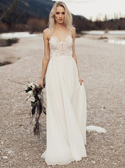 Charming White Wedding Dress,Chiffon Long Wedding Gown,Lace Wedding Party Dress,Bohe Beach Wedding Dress