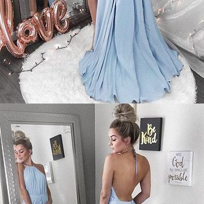 A-line halter light blue backless chiffon long prom dress with side split,evening party dress - Thumbnail 3