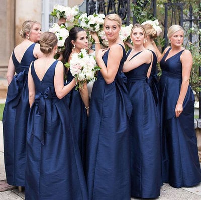 Navy Blue V Neck V Back Long Bridesmaid Dresses with Bowknot