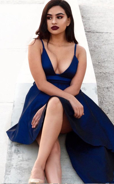 Sexy V Neck High Low Homecoming Dresses Dark Royal Blue Prom Dress