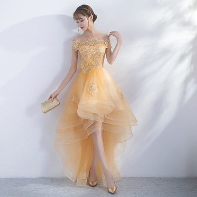 Champagne high low lace prom dress, homecoming dress - Thumbnail 5