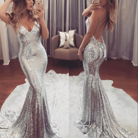 Sexy Deep V Neck Backless Sliver Sequins Mermaid Long Prom Dress - Thumbnail 1