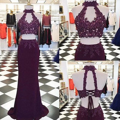 Elegant two piece halter backless purple sheath prom dress evening party dress with lace - Thumbnail 5
