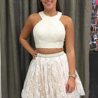 Cute Two Piece Beaded Short Homecoming Dress,White Lace Prom Dress - Thumbnail 1