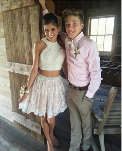 Cute Two Piece Beaded Short Homecoming Dress,White Lace Prom Dress