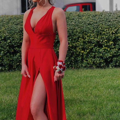 Red v-neck straps long prom dress with cross back,red evening dress - Thumbnail 5