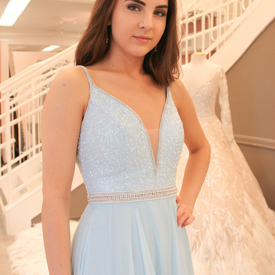 Spaghetti straps v neck long prom dress,backless chiffon evening party dress with beading - Thumbnail 5