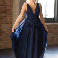 Deep V Neck Navy Blue Chiffon Long Prom Dress - Thumbnail 1
