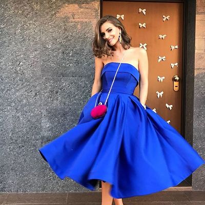 Strapless royal blue satin tea length prom dress,cocktail party dress with pockets - Thumbnail 5
