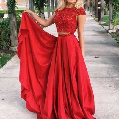 Two piece long prom dress,beaded red satin evening party dress - Thumbnail 4
