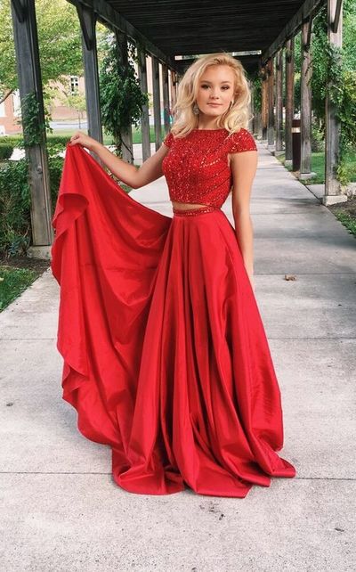 Two Piece Long Prom Dress,Beaded Red Satin Evening Party Dress