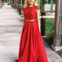 Two Piece Long Prom Dress,Beaded Red Satin Evening Party Dress - Thumbnail 1