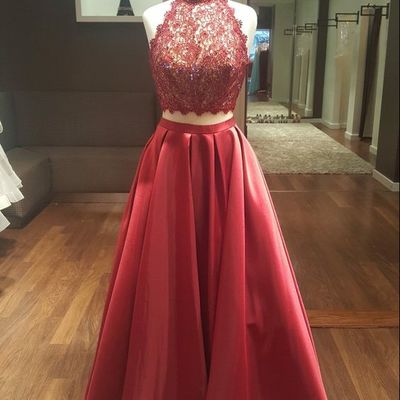 Halter dark red satin long prom dress with lace,evening party gown - Thumbnail 5