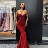 Sexy Spaghetti Straps V Neck Dark Red Sequins Long Prom Dress,Mermaid Evening Party Dress - Thumbnail 1