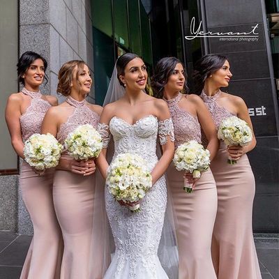 Halter blush satin mermaid long bridesmaid dress with appliques - Thumbnail 5