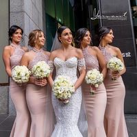 Halter Blush Satin Mermaid Long Bridesmaid Dress with Appliques - Thumbnail 1