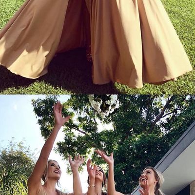 Deep v neck a-line gold satin long bridesmaid dress - Thumbnail 4