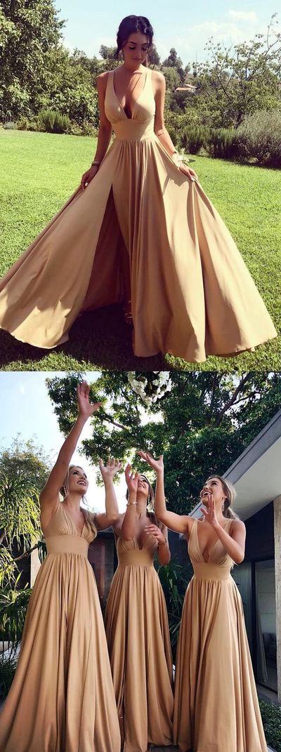 Deep V Neck A-Line Gold Satin Long Bridesmaid Dress