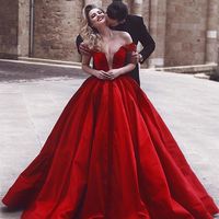A-Line Off the Shoulder Dark Red Satin Long Prom Dress,Evening Party Gown - Thumbnail 1