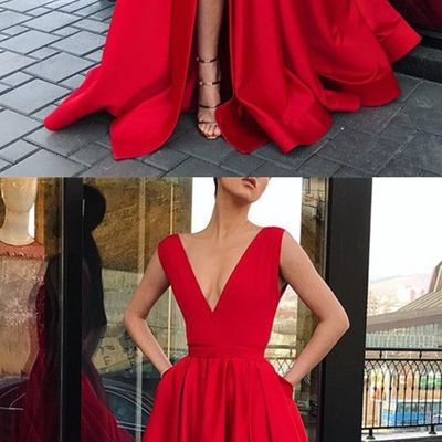 Deep v neck red satin long homecoming prom dress with pockets,evening party gown - Thumbnail 4