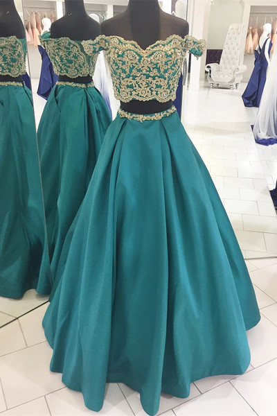 Two Piece Off the Shoulder Emerald Long Prom Dresses with Appliques