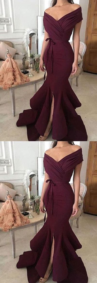 Charming Off the Shoulder Burgundy Satin Mermaid Long Prom Dresses