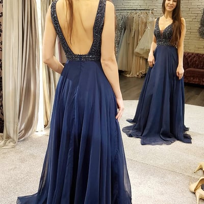 Charming a-line v neck navy blue prom dress,beaded evening party gown - Thumbnail 5