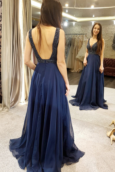 Charming A-Line V Neck Navy Blue Prom Dress,Beaded Evening Party Gown