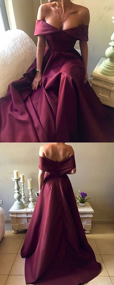 Charming Off the Shoulder Burgundy Satin Long Prom Dress,Evening Party Gown