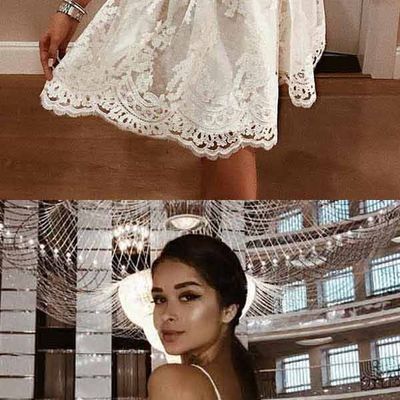 Cute a-line spaghetti straps white lace homecoming dresses,short prom dresses - Thumbnail 2