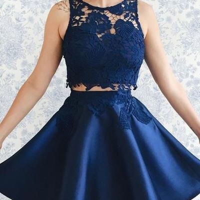 Two piece homecoming dresses,navy blue short prom dresses,lace graduation dresses - Thumbnail 4