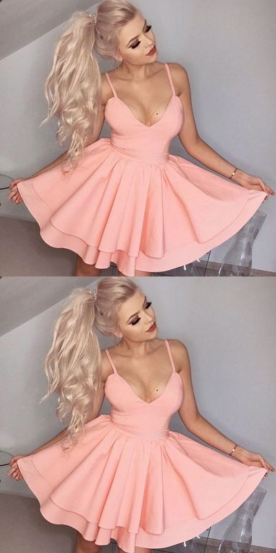 Cute A-Line Spaghetti Straps Short Tiered Pink Satin Homecoming Cocktail Dresses,Short Prom Dresses