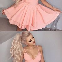 Cute A-Line Spaghetti Straps Short Tiered Pink Satin Homecoming Cocktail Dresses,Short Prom Dresses - Thumbnail 1