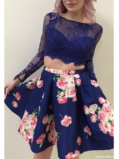 Fashion A Line Two Piece Long Sleeves Floral Lace Short Homecoming Dresses with Pockets,Short Prom Dresses