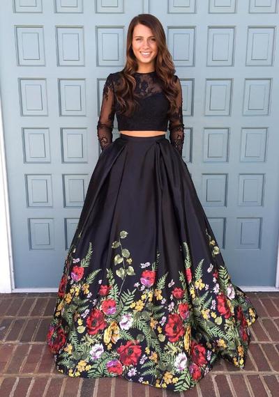 Long Sleeves Black Floral Two Piece Prom Dress,Long Prom Dress,Sexy Prom Dress