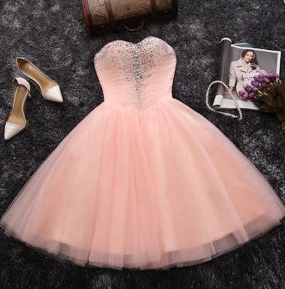 A-line strapless Sweetheart Cheap pink short prom dress,beading homecoming dress