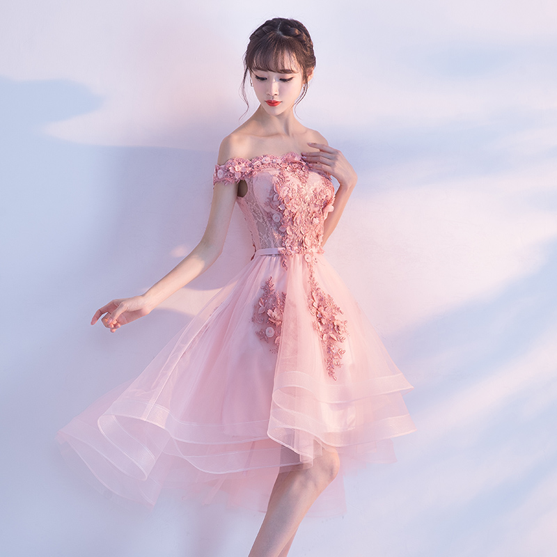 Pink lace high low short prom dress, homecoming dress