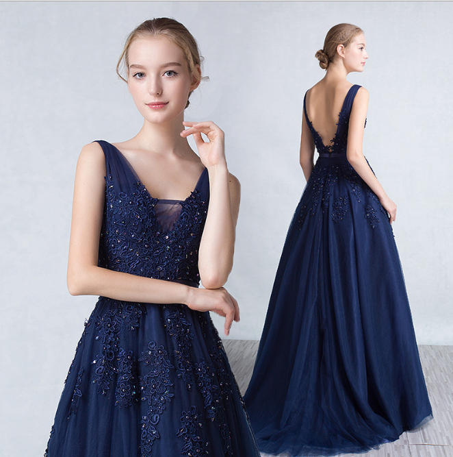 Dark blue v neck tulle lace long prom dress, gray evening dress