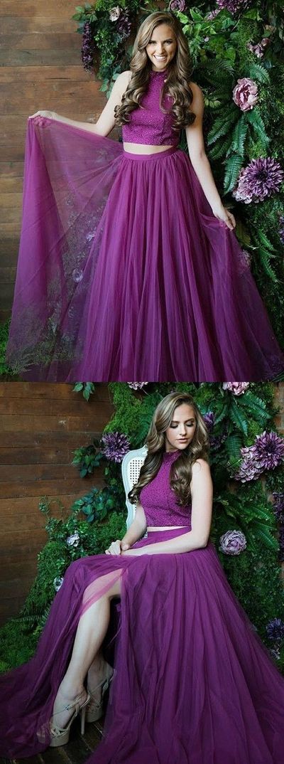 Charming Two Piece Prom Dresses,Purple Tulle Party Gown with Beaded,Halter Evening Dresses