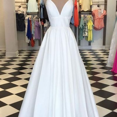 Simple a-line spaghetti straps v neck long prom dresses,white satin formal party dresses  - Thumbnail 4